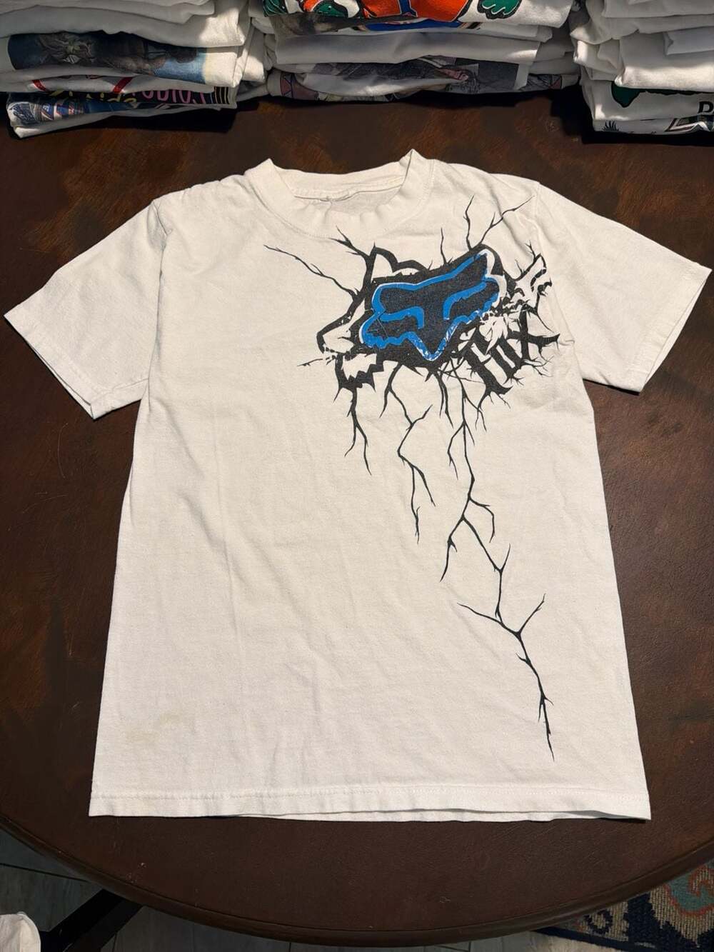 Vintage Y2K Fox Racing Distressed Fox Head Lightning Graphic T-Shirt White